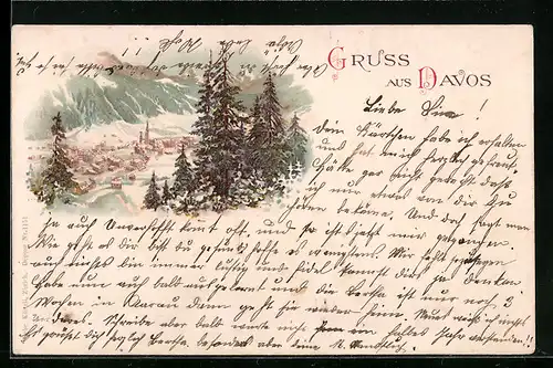 Lithographie Davos, Ortsansicht aus der Vogelschau