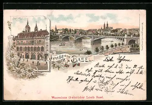 Lithographie Basel, Rathaus, Stadtpanorama, Dampfer