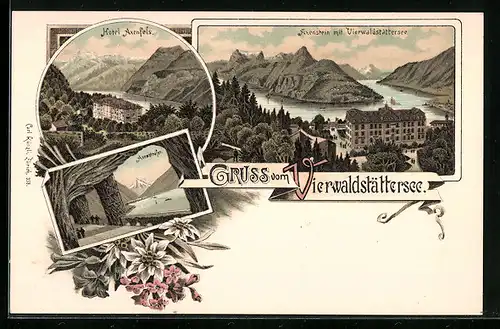 Lithographie Morschach, Hotel Axenfels, Axenstein mit Vierwaldstättersee
