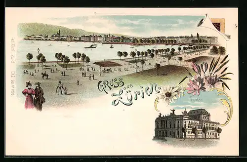 Lithographie Zürich, Theater, Ortsansicht