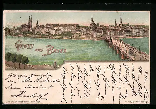 Lithographie Basel, Ortsansicht aus der Vogelschau