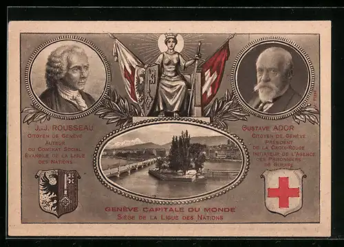 AK Geneve, Teilansicht, J. J. Rousseau, gustave Ador, Rotes Kreuz
