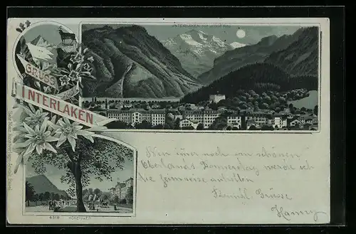 Lithographie Interlaken, Höhenweg, Ortsansicht mit Jungfrau