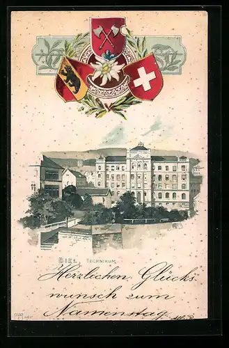 Präge-Lithographie Biel, Blick zum Technikum, Wappen