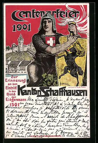 AK Schaffhausen, Centenarfeier 1901, Schweizer Soldat mit Schild