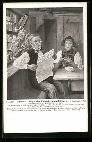 AK Zofingen, älteres Paar liest am Tisch Zofinger Zeitung