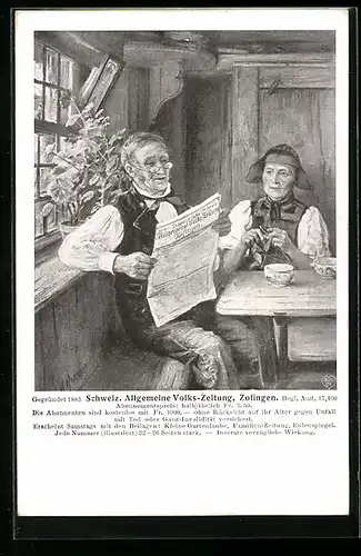 AK Zofingen, Schweiz. Allgemeine Volks-Zeitung, Opa liest der Oma aus der Zeitung vor