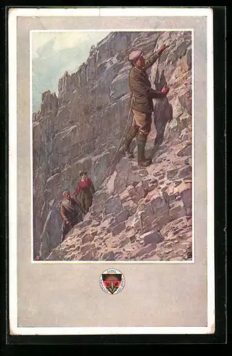 AK Deutscher Schulverein Nr. 345: Zwei Bergsteiger und Frau an einem Felsen