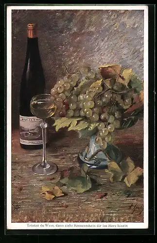 Künstler-AK I. Ginsto: Stilleben mit einer Flasche Moselwein u. Weintrauben