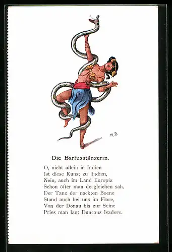 Künstler-AK Barfusstänzerin mit einer Schlange