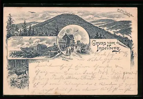 Vorläufer-Lithographie Inselberg, 1893, Panorama von Tanzbuche, Preussischer Gasthof & Gothaisches Hotel
