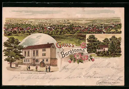 Lithographie Burgtonna, Ortsansicht, Schenkwirtschaft Julius Kramberg und Weisse Hütte