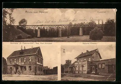 AK Pörsten, Bahnhof, Gasthaus Z. Fasanen-Höh, Rippachtal mit Brücke