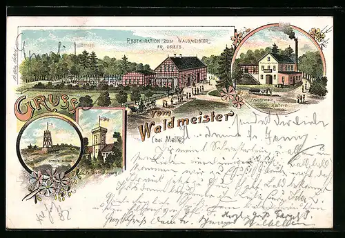 Lithographie Melle, Restaurant zum Waldmeister, Fruchtwein-Kelterei, Dietrichsburg