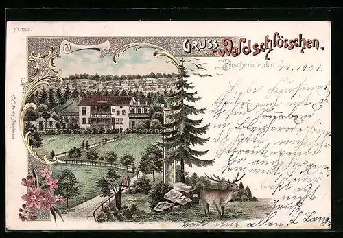 Lithographie Bleicherode, Gasthof Waldschlösschen