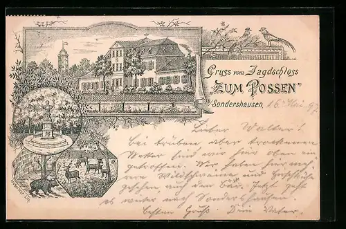 Lithographie Sondershausen, Jagdschloss Gasthaus Zum Possen, Denkmal, Bärenzwinger