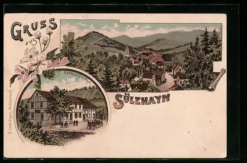Lithographie Sülzhayn, Gasthaus zur Post, Teilansicht