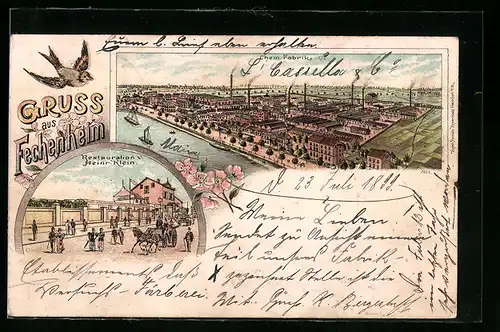 Lithographie Frankfurt-Fechenheim, Restaurant von Heinrich Klein, Chemische Fabrik