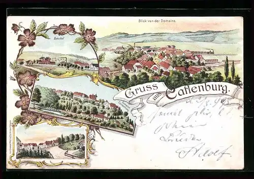 Lithographie Catlenburg, Ortsansicht von der Domaine Catlenburg, Blick auf den Bahnhof
