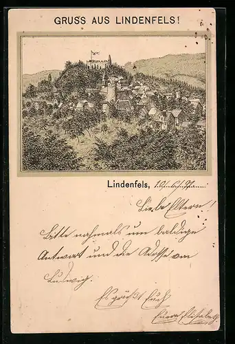 Vorläufer-Lithographie Lindenfels, 1891, Teilansicht