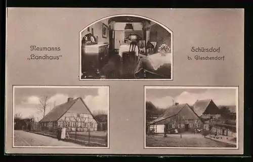 Passepartout-AK Schürsdorf bei Gleschendorf, Neumanns Landhaus mit Strasse und Nachbargebäude