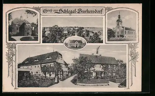 AK Schlegel-Burkersdorf, Ortsansicht mit Kirche