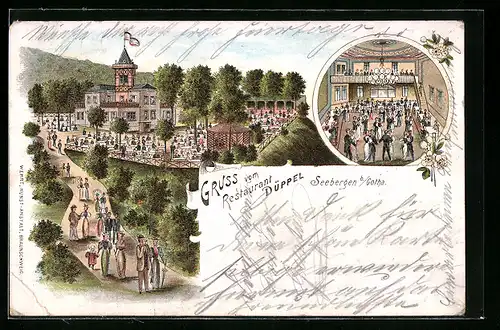 Lithographie Seebergen bei Gotha, Restaurant Düppel, Gebäude mit Garten und Ballsaal