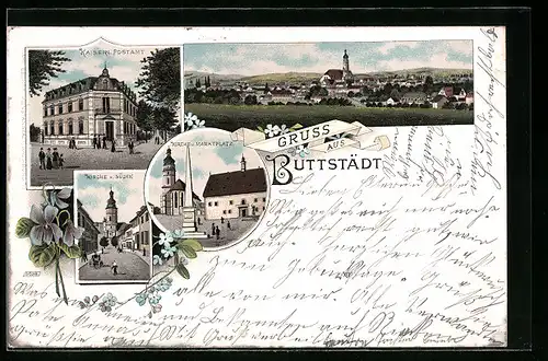 Lithographie Buttstädt, Totalansicht mit Kaiserl. Postamt und Kirche
