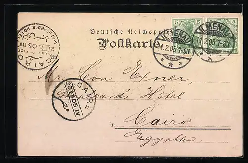 Lithographie Ilmenau, Hotel zum Loewen, Goethe-Häuschen, Kickelhahnsturm