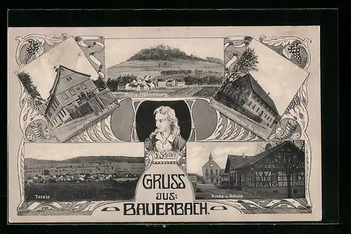 Passepartout-AK Bauerbach, Gasthof zum braunen Ross C. Fritz, Asyl und Portrait Friedrich Schiller, Totalansicht