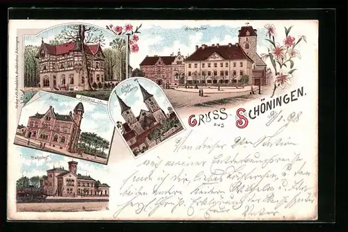 Lithographie Schöningen, Ortspartie mit Gasthaus Stadtkeller, Bahnhof, Elmhaus