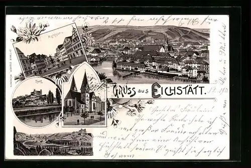 Lithographie Eichstätt, Marktplatz mit Dom und Burg, Teilansicht