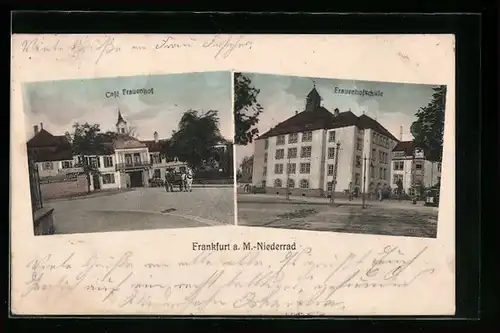 AK Frankfurt a. M.-Niederrad, Cafe Frauenhof und Frauenhofschule