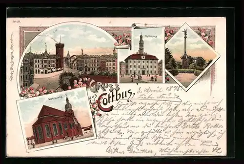 Lithographie Cottbus, Oberkirche, Rathaus, Krieger-Denkmal