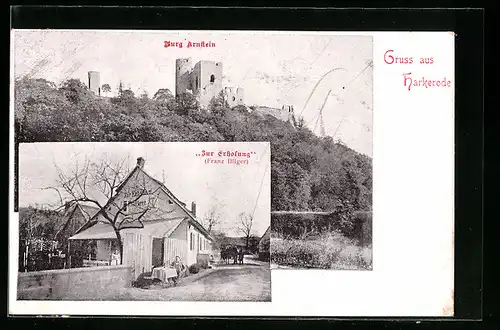 AK Harkerode, Gasthof zur Erholung F. Illiger mit Strasse, Burg Arnstein