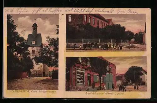 AK Holdenstedt /Kr. Sangerhausen, Geschäftshaus W. Günther, Strassenpartie mit Kindern und Pferd, Kirche