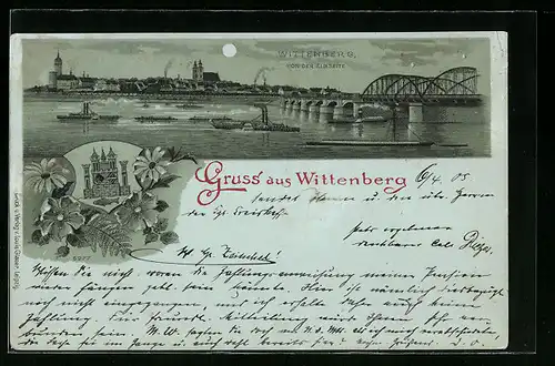 Mondschein-Lithographie Wittenberg, Panorama mit Brücke von der Elbe gesehen, Wappen