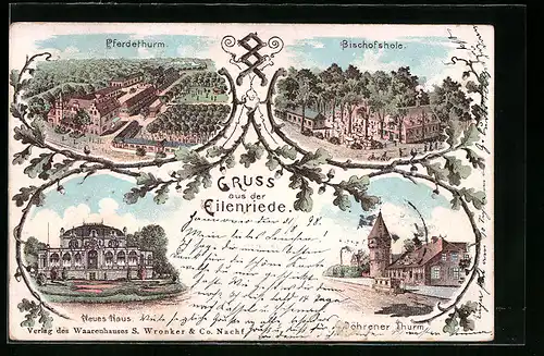 Lithographie Hannover, Partie aus der Eilenriede, Pferdeturm, Bischofshole, Neues Haus, Döhrener Turm