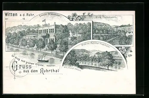 Lithographie Witten a. d. Ruhr, Gasthaus Ewald Kraushaar, Im Krug zum grünen Kranze, Wetterstrasse