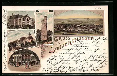 Lithographie Sondershausen, Staatsschulgebäude, Bismarckturm, Schloss, Gesamtansicht
