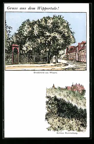 Lithographie Wippra, Strassenpartie in der Ortschaft, Schloss Rammelburg