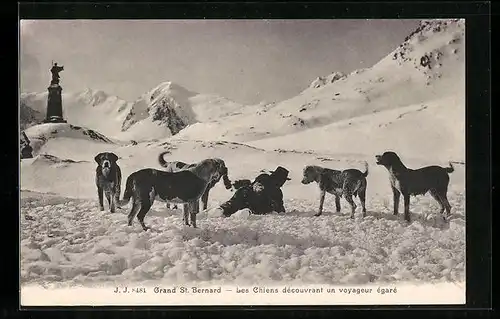 AK Grand St. Bernard, Les chiens découvrant un voyageur égaré, Bernhardiner