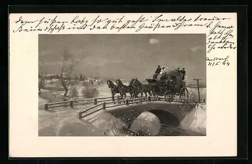 AK Pferdekutsche auf einer Brücke im Schnee