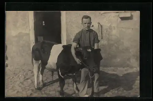 Foto-AK Junger Bauer mit einem Kalb