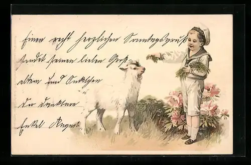 Lithographie Kleiner Junge füttert ein Lamm