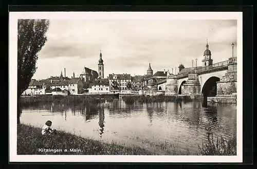 AK Kitzingen a. Main, Ortsansicht mit idyllischer Ufer-Partie