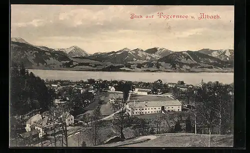 AK Tegernsee, Ortsansicht mit Seeblick und Alpbach