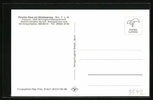 AK Willingen /Hochsauerland, Fliegeraufnahme v. Pension Haus am Hirschsprung, Bes. F. u. M. Falarzik