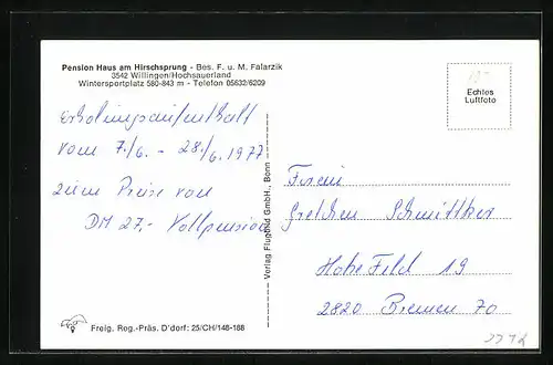 AK Willingen /Hochsauerland, Pension Haus am Hirschsprung, Bes. F. u. M. Falarzik