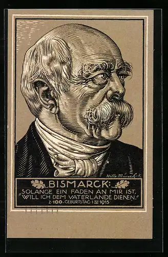 Künstler-AK Kopfportrait des Fürsten von Bismarck - Karte zum 100. Geburtstag 1915